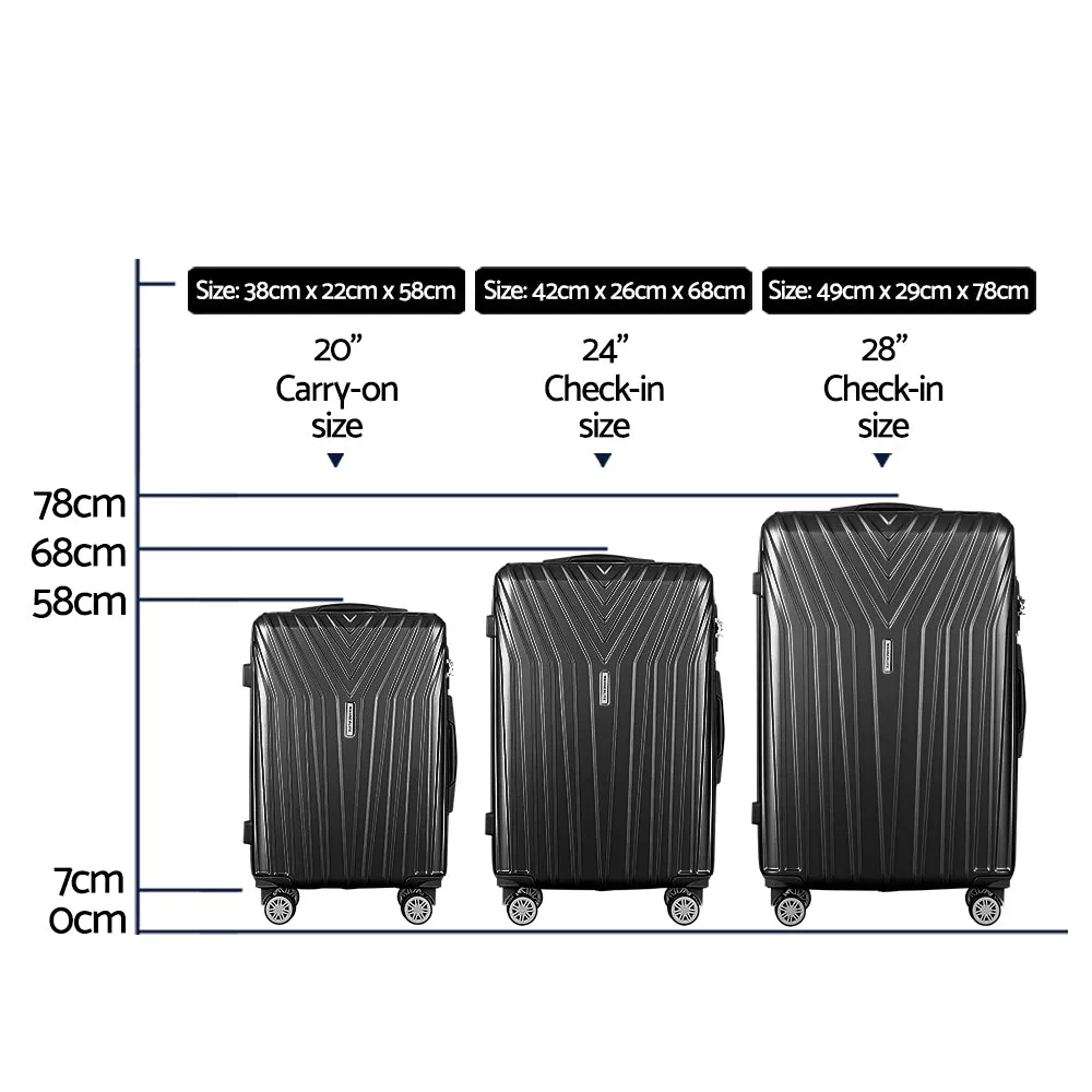 3pc Luggage Trolley Suitcase Sets | 20'' 24'' 28'' | Travel Hard Case | Lightweight Black