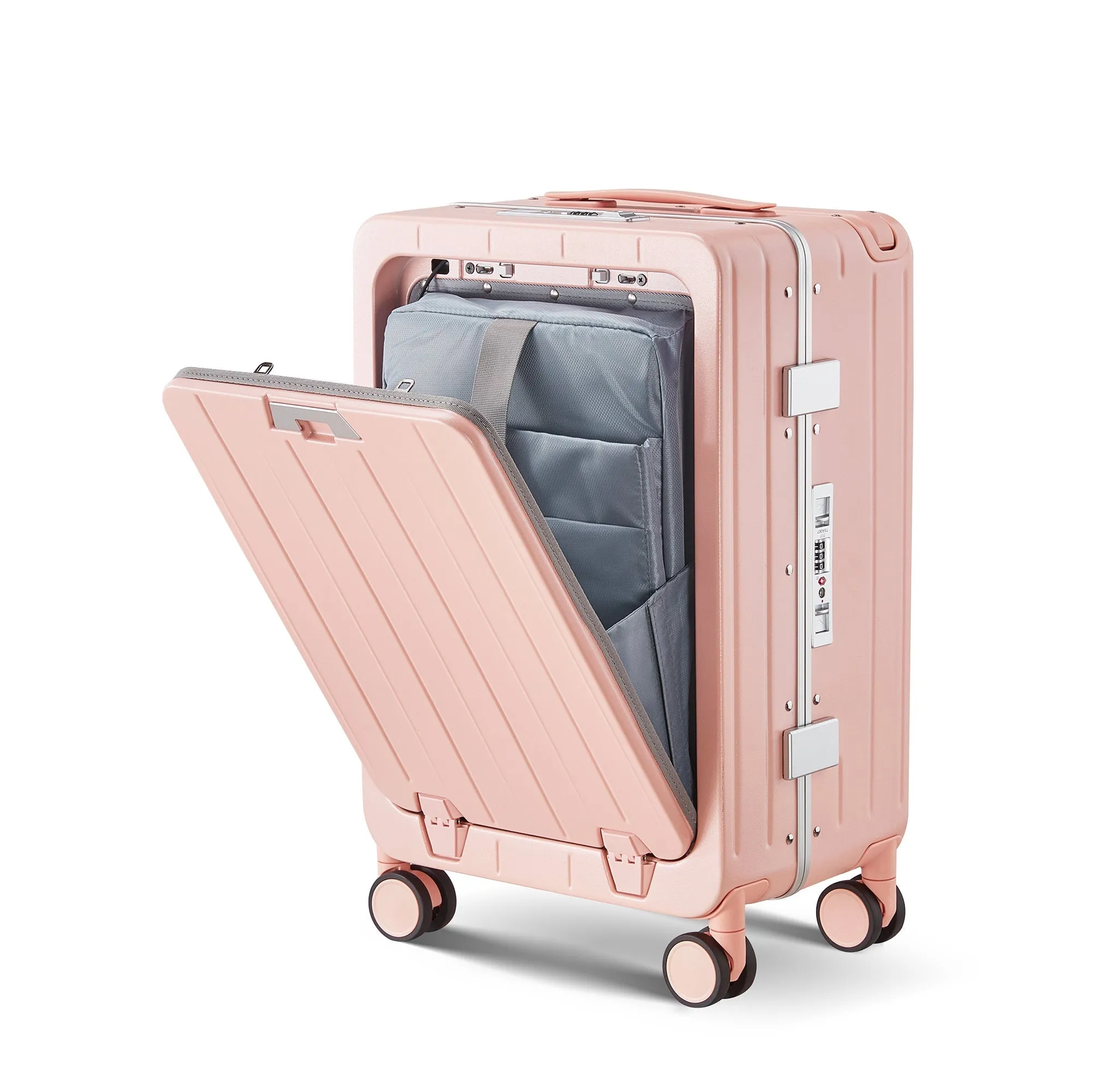 Aluminum Frame 20 Inch with Front Open Carry-on Luggage, PC Hard Shell Suitcase, Bounce Wide Handle Pull Rod Luggage with 360°Double Wheels, Built-In TSA Lock, Airline Approved Suitcase for Business