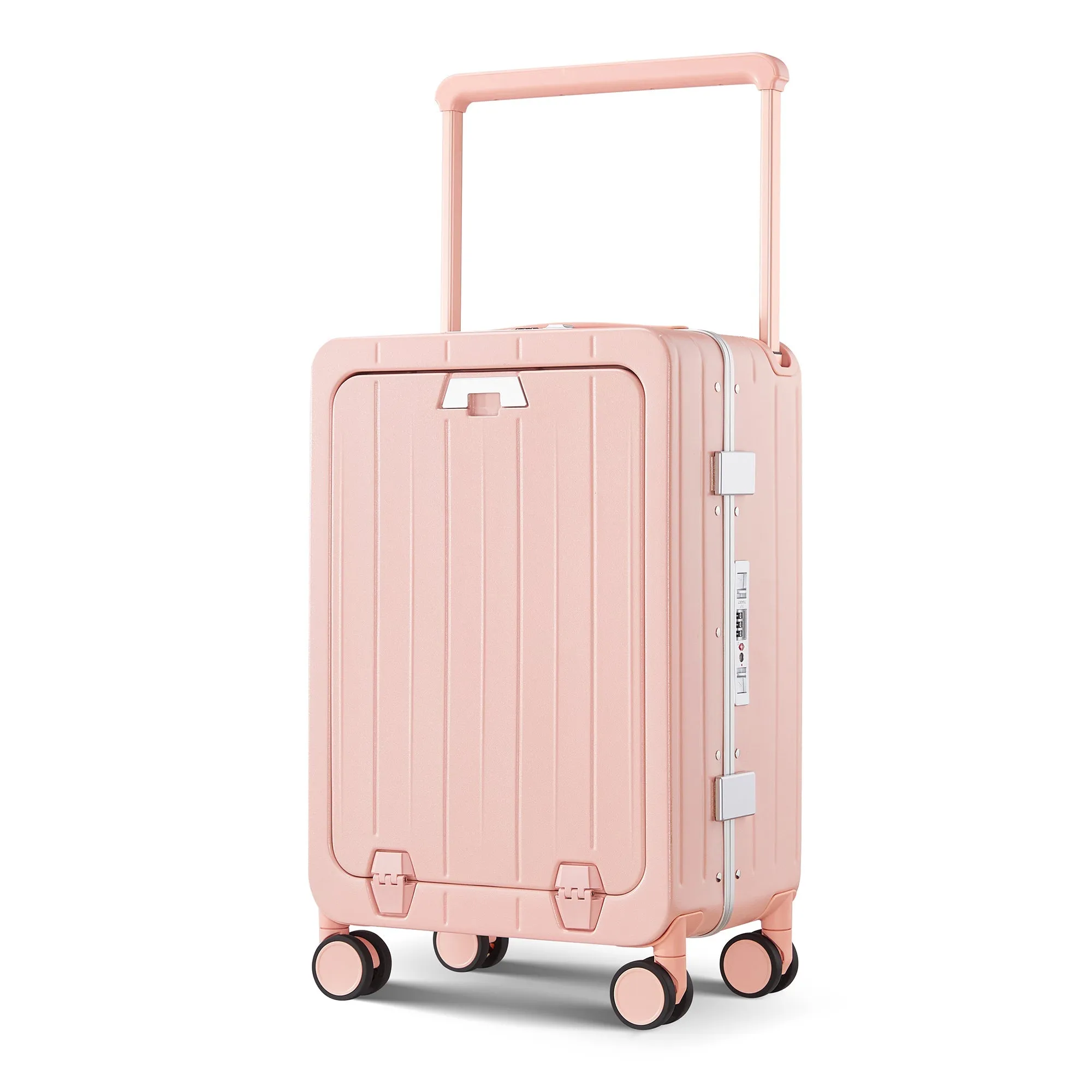 Aluminum Frame 20 Inch with Front Open Carry-on Luggage, PC Hard Shell Suitcase, Bounce Wide Handle Pull Rod Luggage with 360°Double Wheels, Built-In TSA Lock, Airline Approved Suitcase for Business
