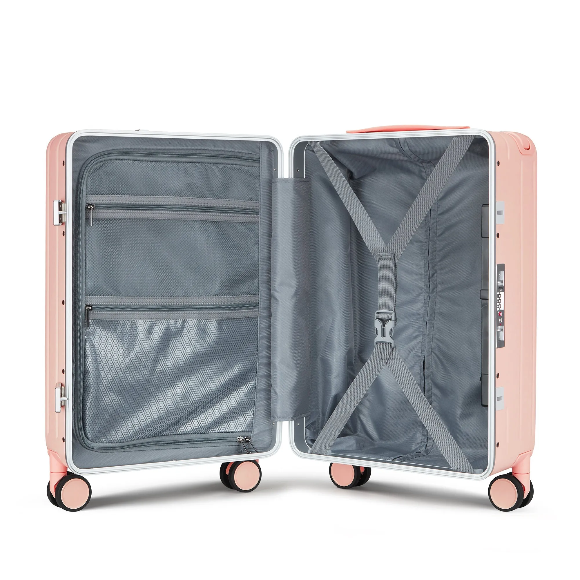 Aluminum Frame 20 Inch with Front Open Carry-on Luggage, PC Hard Shell Suitcase, Bounce Wide Handle Pull Rod Luggage with 360°Double Wheels, Built-In TSA Lock, Airline Approved Suitcase for Business