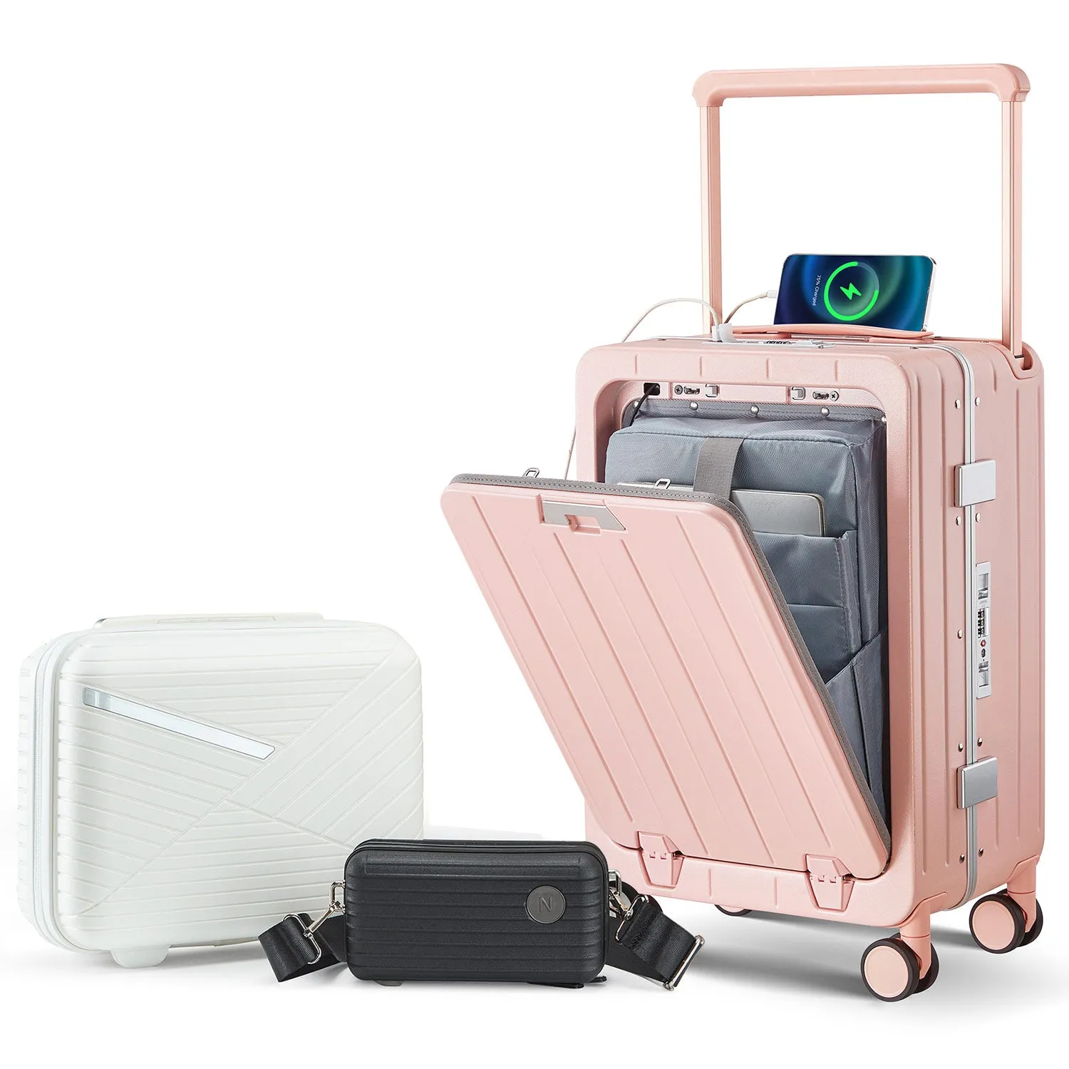 Aluminum Frame 20 Inch with Front Open Carry-on Luggage, PC Hard Shell Suitcase, Bounce Wide Handle Pull Rod Luggage with 360°Double Wheels, Built-In TSA Lock, Airline Approved Suitcase for Business