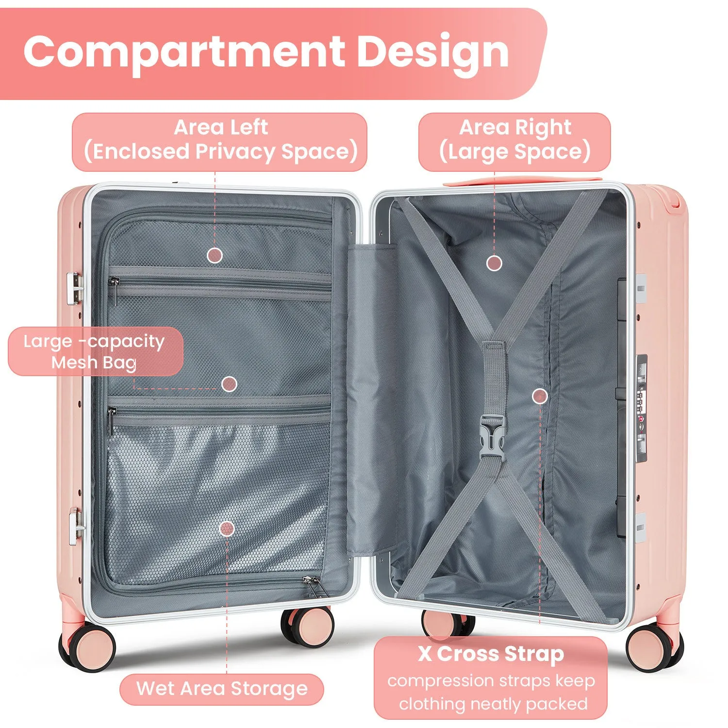 Aluminum Frame 20 Inch with Front Open Carry-on Luggage, PC Hard Shell Suitcase, Bounce Wide Handle Pull Rod Luggage with 360°Double Wheels, Built-In TSA Lock, Airline Approved Suitcase for Business