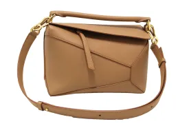Authentic Loewe Brown Soft Grained Calfskin Small Puzzle Edge Bag