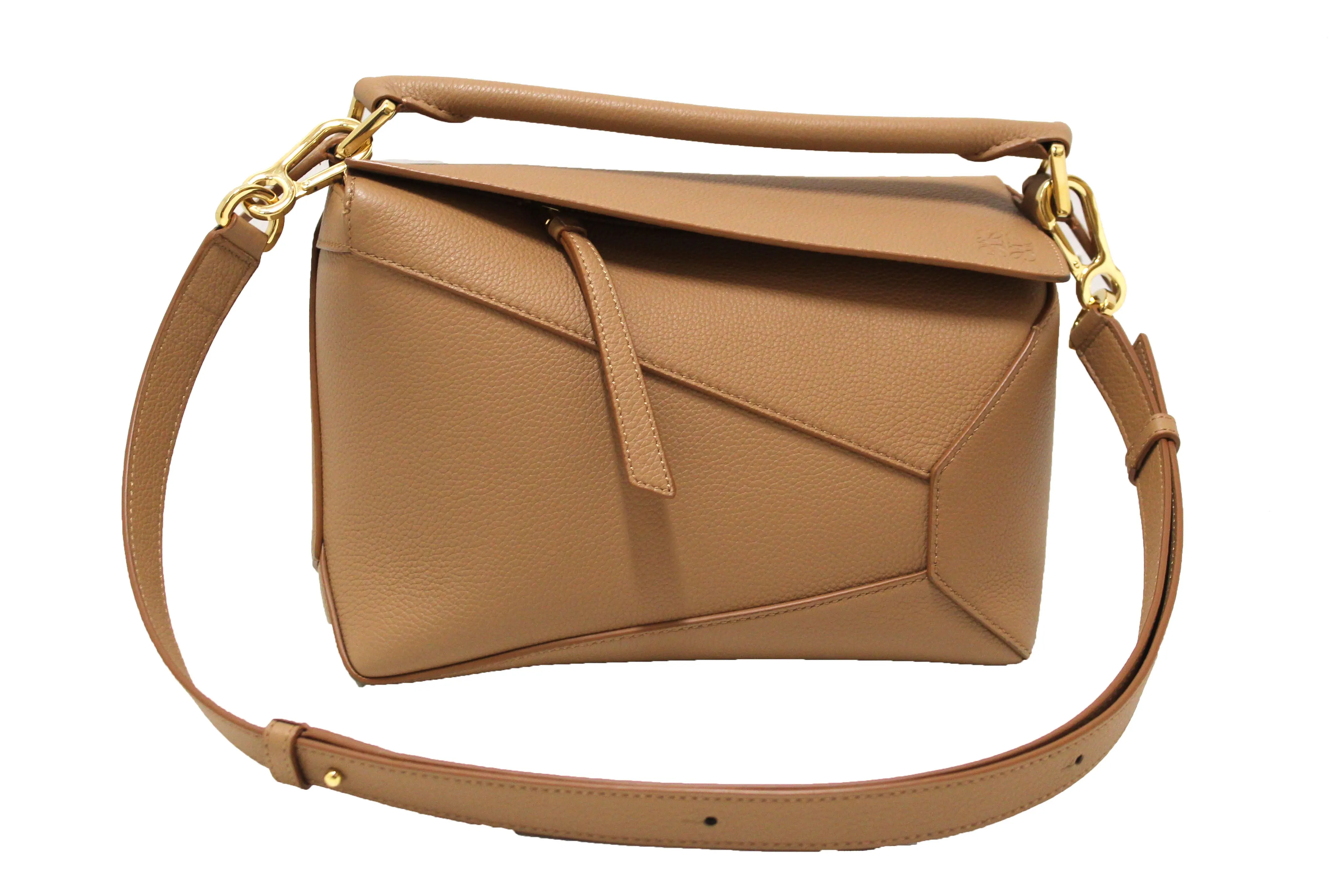 Authentic Loewe Brown Soft Grained Calfskin Small Puzzle Edge Bag