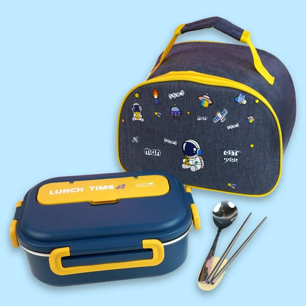 Blue Lunch Time 2 pcs Stainless Steel Kids Lunch Box with matching Lunch Bag