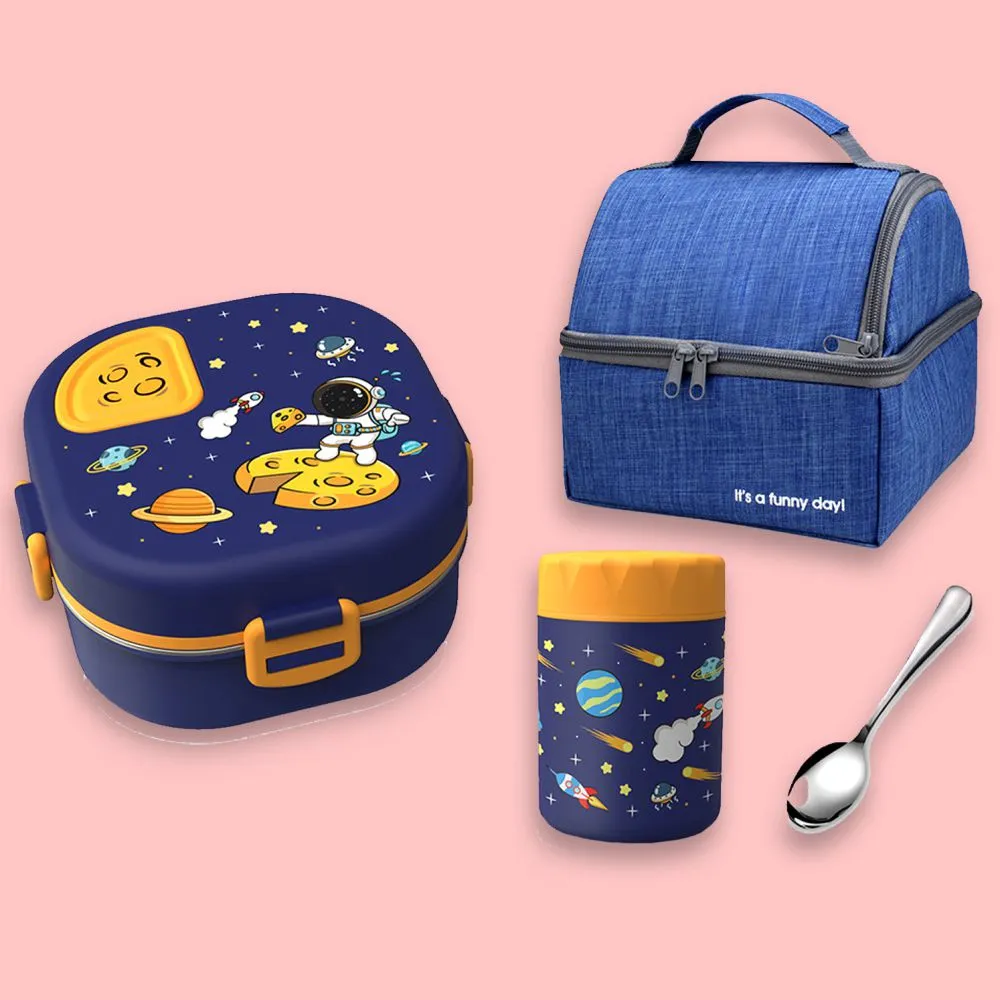 Blue Space Slice 2pcs, Stainless Steel Soup Box and Lunch Box with Bag for Kids