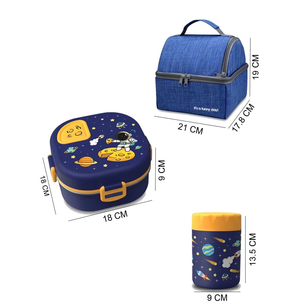 Blue Space Slice 2pcs, Stainless Steel Soup Box and Lunch Box with Bag for Kids