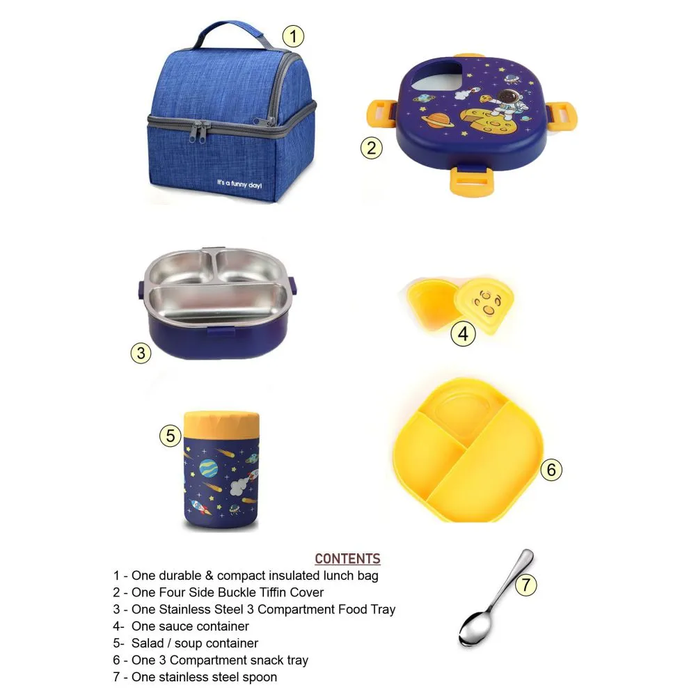 Blue Space Slice 2pcs, Stainless Steel Soup Box and Lunch Box with Bag for Kids