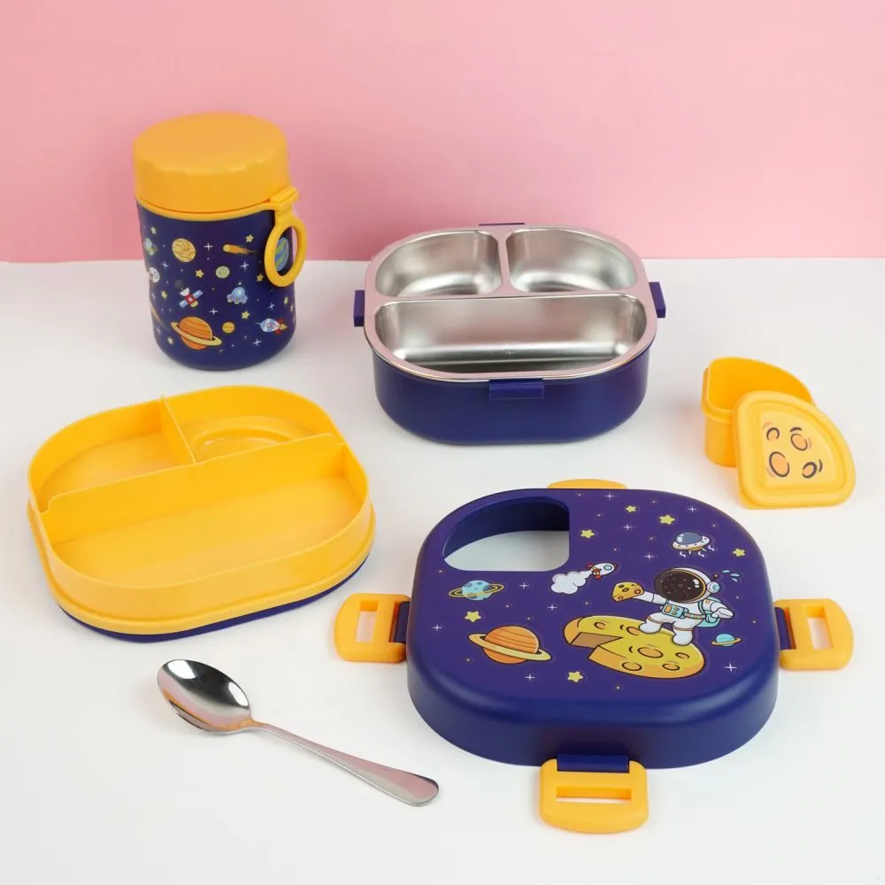 Blue Space Slice 2pcs, Stainless Steel Soup Box and Lunch Box with Bag for Kids