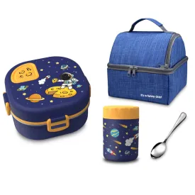 Blue Space Slice 2pcs, Stainless Steel Soup Box and Lunch Box with Bag for Kids