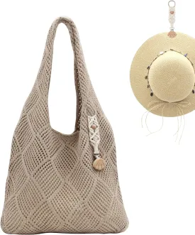Crochet Tote Bag with Macrame Hat Clip for Travel Women Summer Beach Bag Aesthetic Knit Bag Cute Shoulder Bags