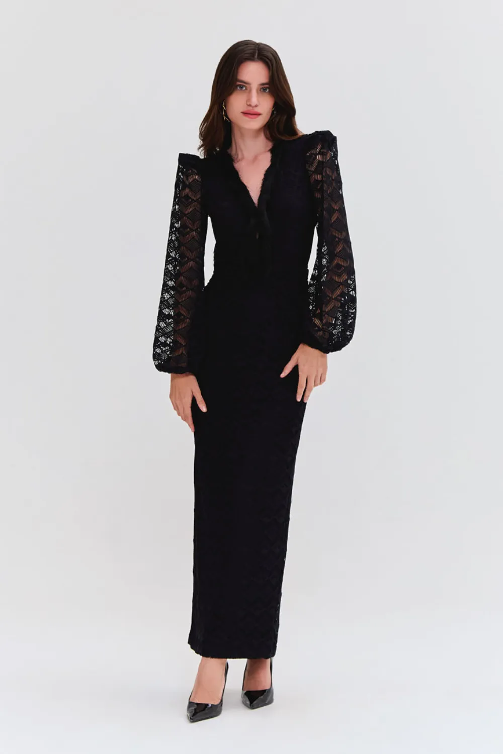 LACE DEEP V MIDI DRESS