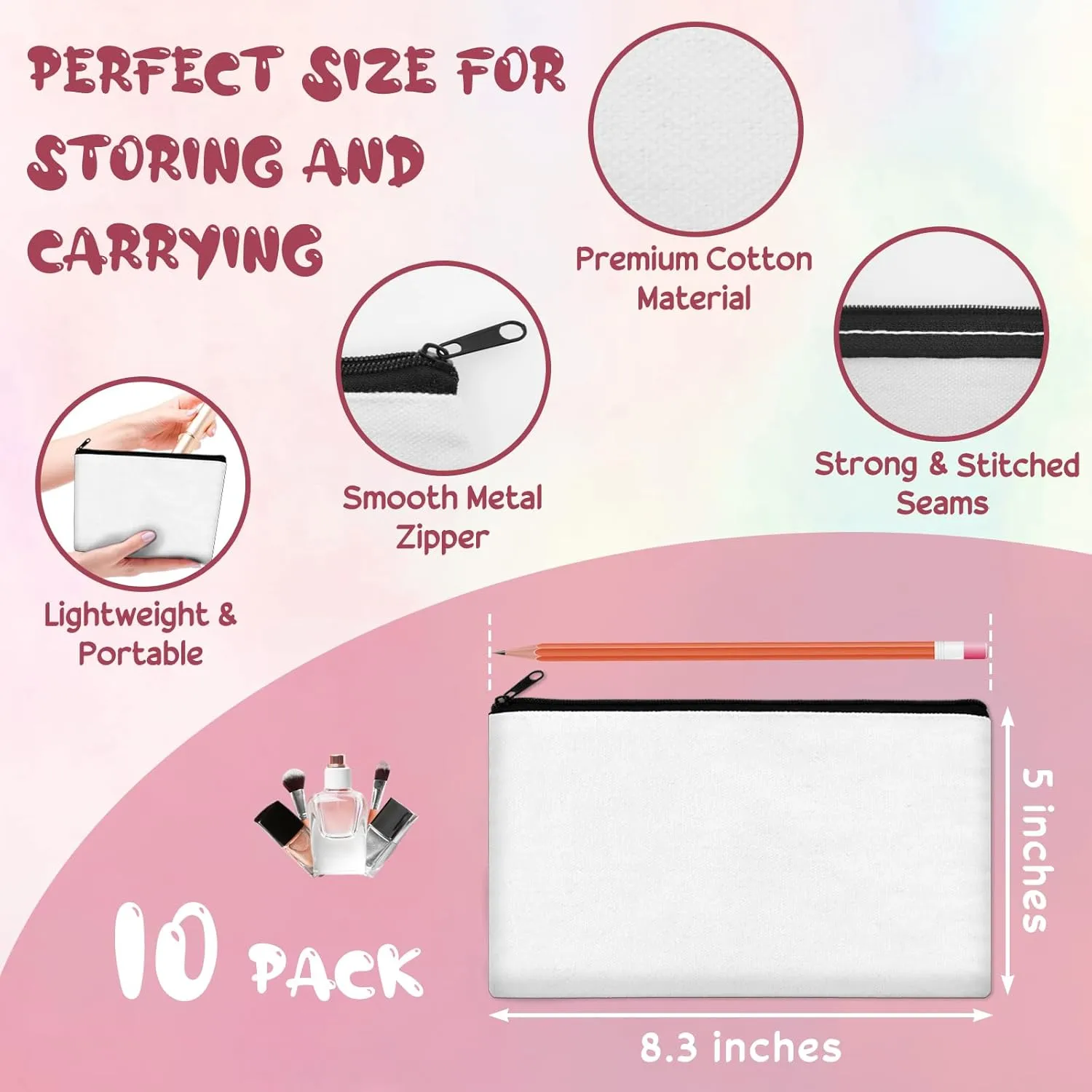 Legigo Blank DIY Craft Canvas Pencil Case - Makeup Pouch, Multi-Purpose Travel Toiletry Zipper Bag, Bulk Cosmetic Bags 8.3 5 Inch