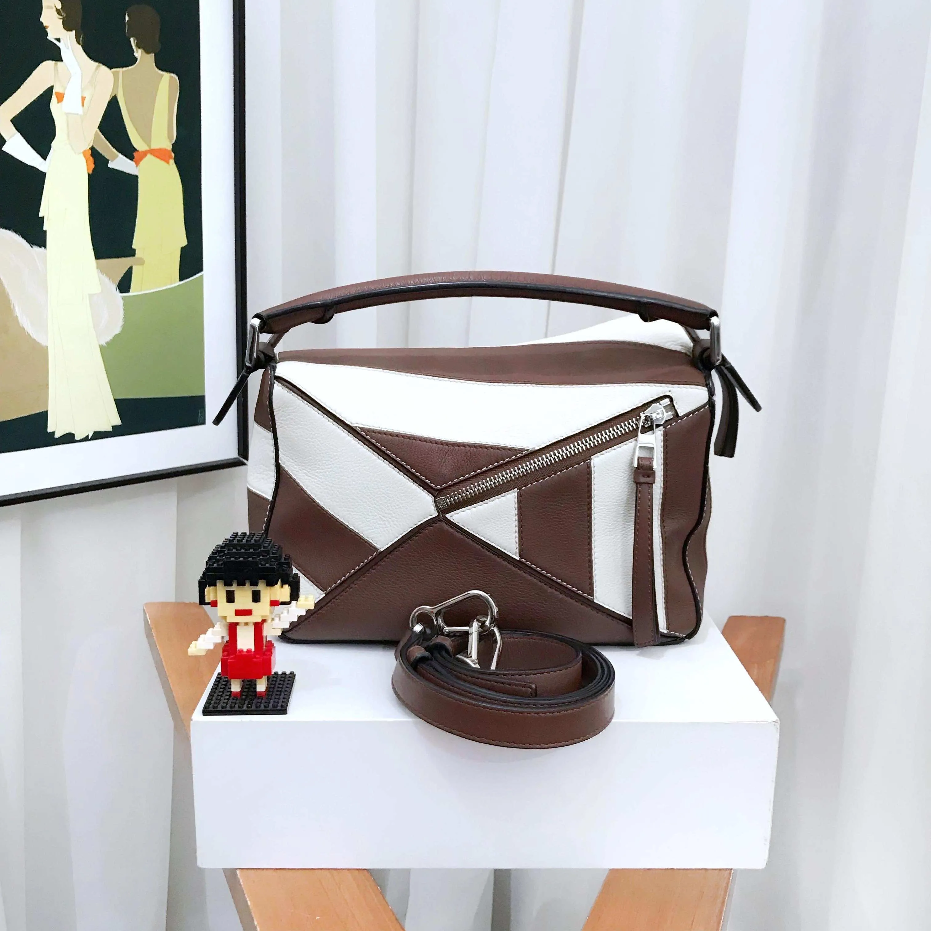 Loewe Puzzle Small Brown White Leather Shoulder Bag
