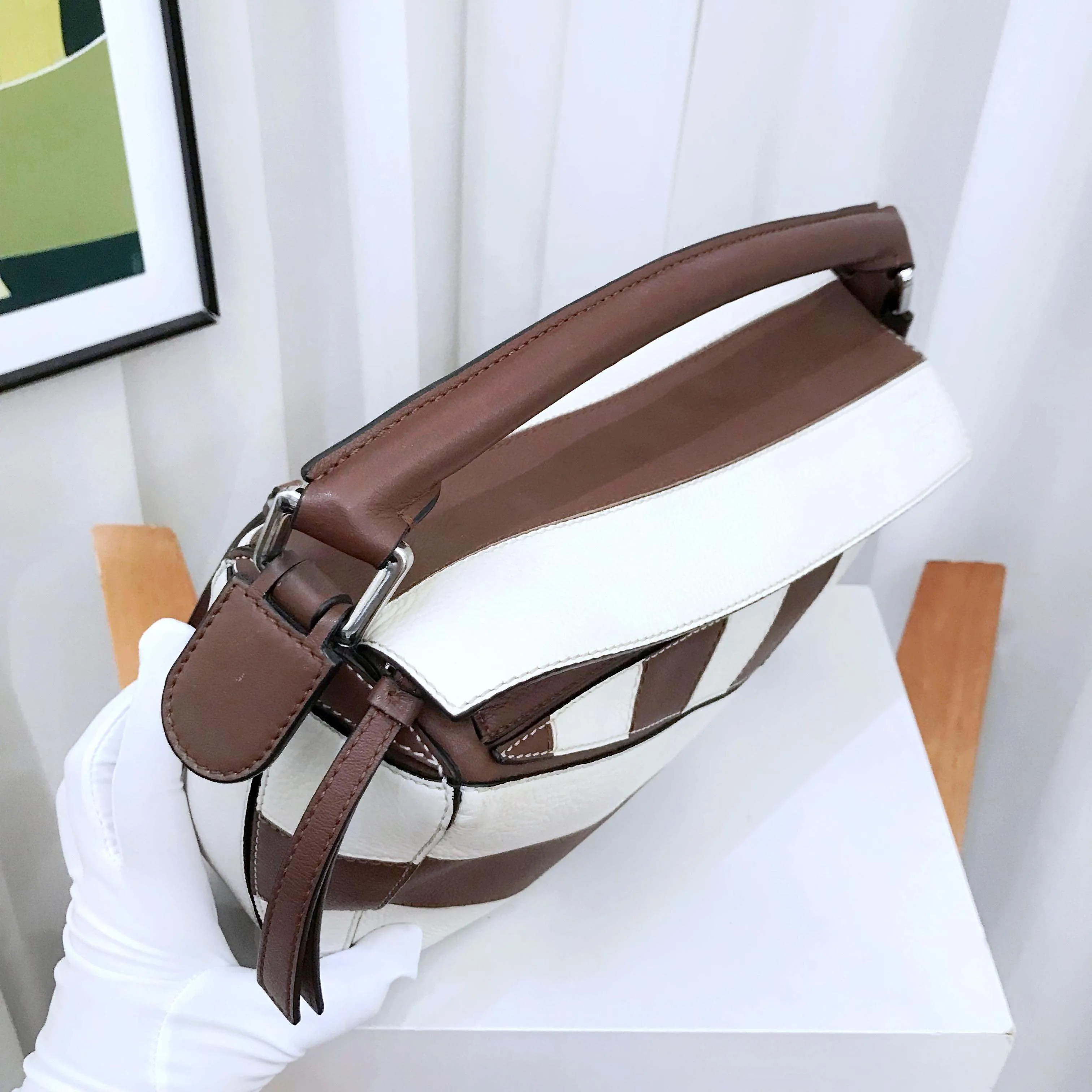 Loewe Puzzle Small Brown White Leather Shoulder Bag