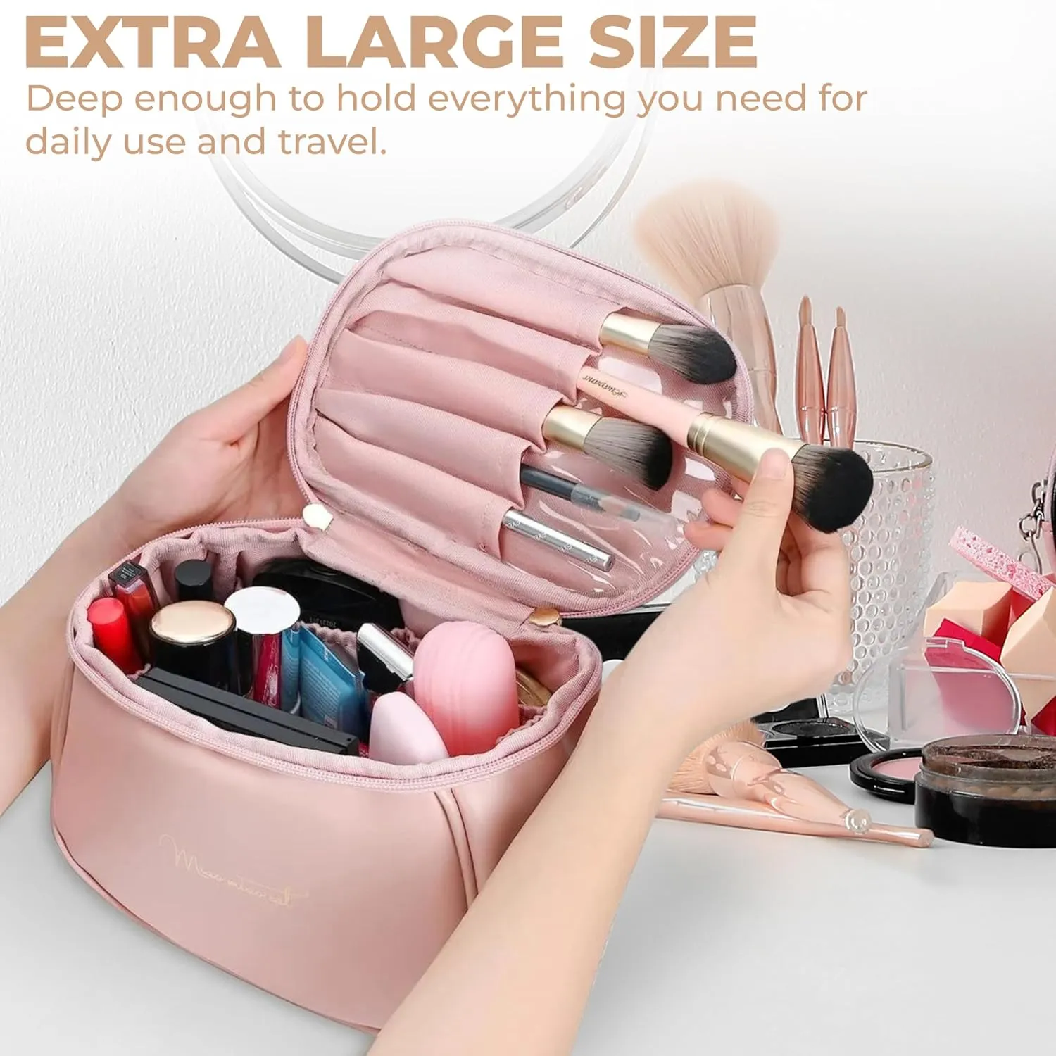 Makeup Bag, Portable Cosmetic Bag, Large Capacity for Girls & Women (White, BG)
