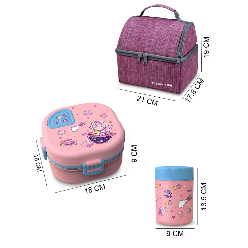 Pink Space Slice 2pcs, Stainless Steel Soup Box and Lunch Box with Bag for Kids