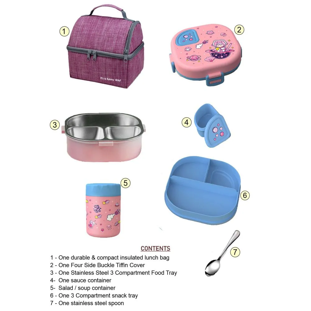 Pink Space Slice 2pcs, Stainless Steel Soup Box and Lunch Box with Bag for Kids