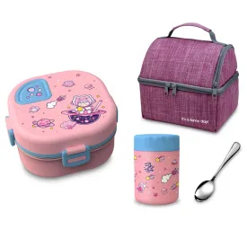 Pink Space Slice 2pcs, Stainless Steel Soup Box and Lunch Box with Bag for Kids