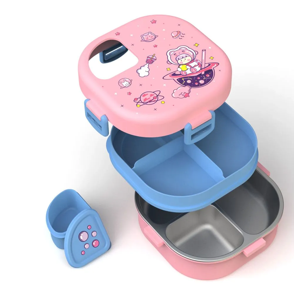 Pink Space Slice 2pcs, Stainless Steel Soup Box and Lunch Box with Bag for Kids