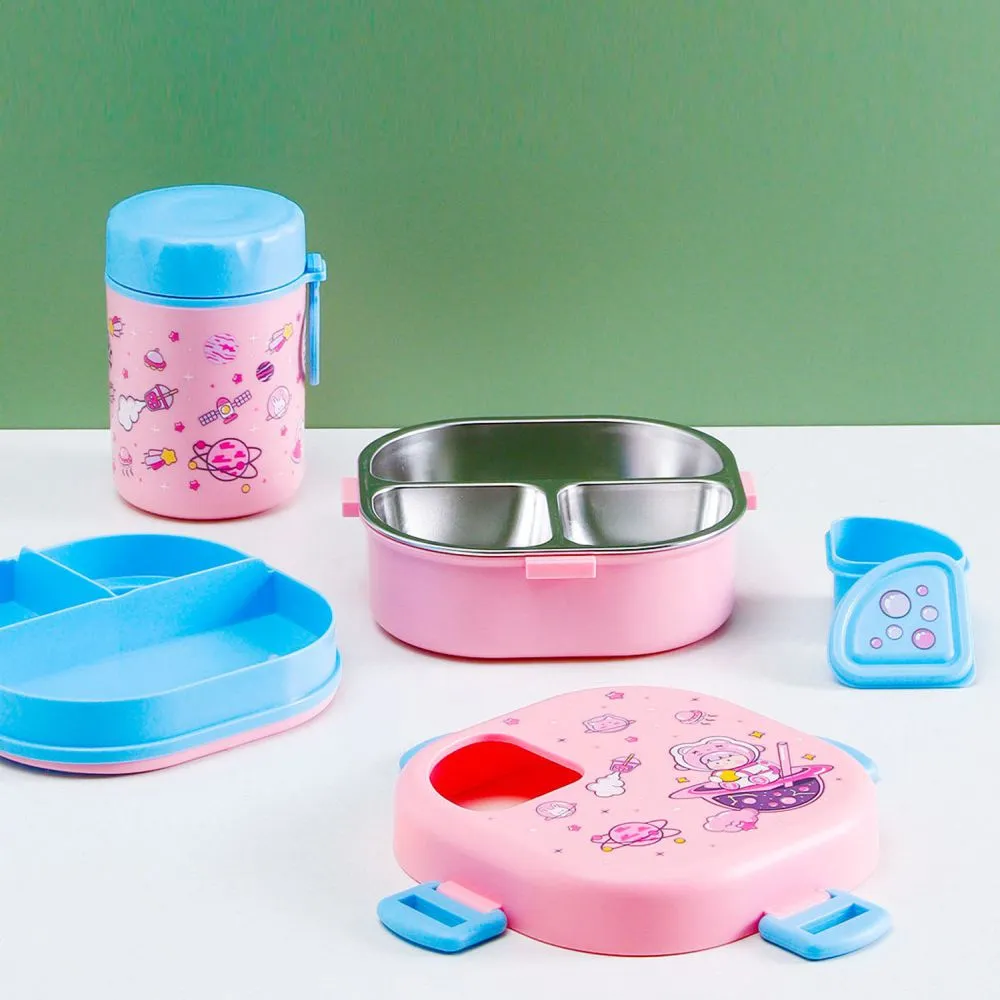 Pink Space Slice 2pcs, Stainless Steel Soup Box and Lunch Box with Bag for Kids