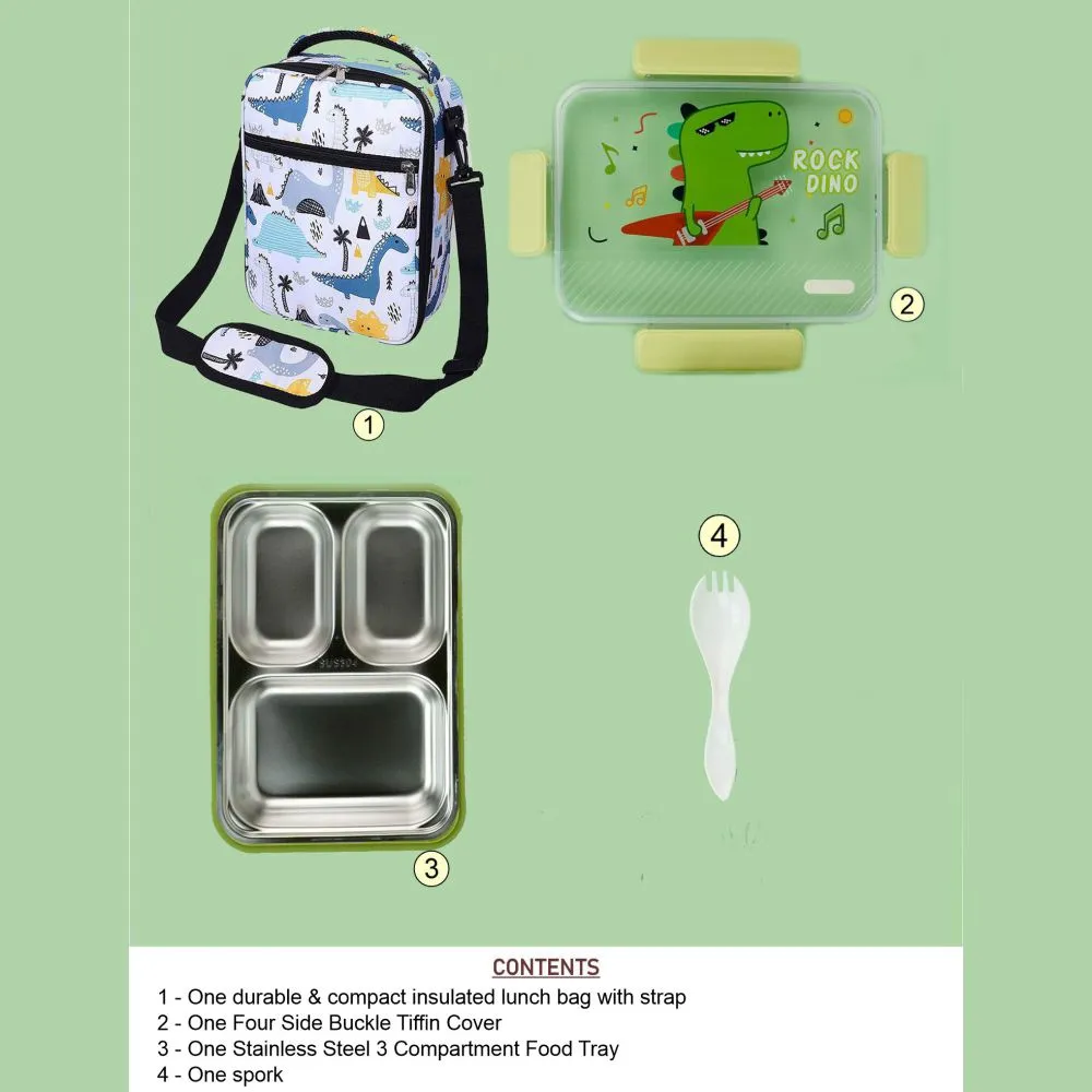 Rock Dino Stainless Steel Lunch Box with matching Lunch Bag