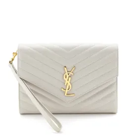 Saint Laurent Crema Soft Grain De Poudre Matelasse Chevron Cassandre Flat Pouch