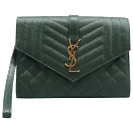 SAINT LAURENT Envelope Green Leather Clutch Bag