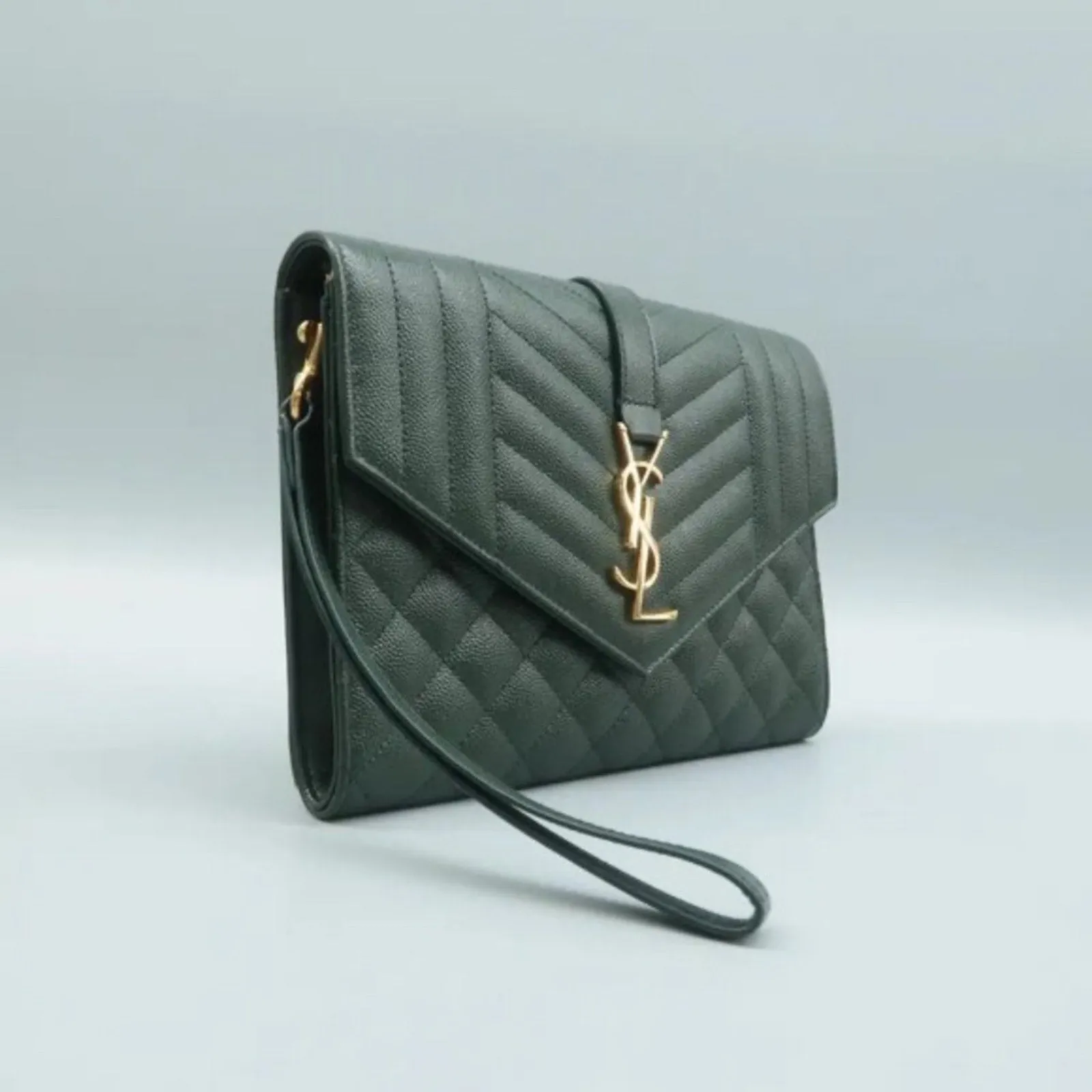 SAINT LAURENT Envelope Green Leather Clutch Bag