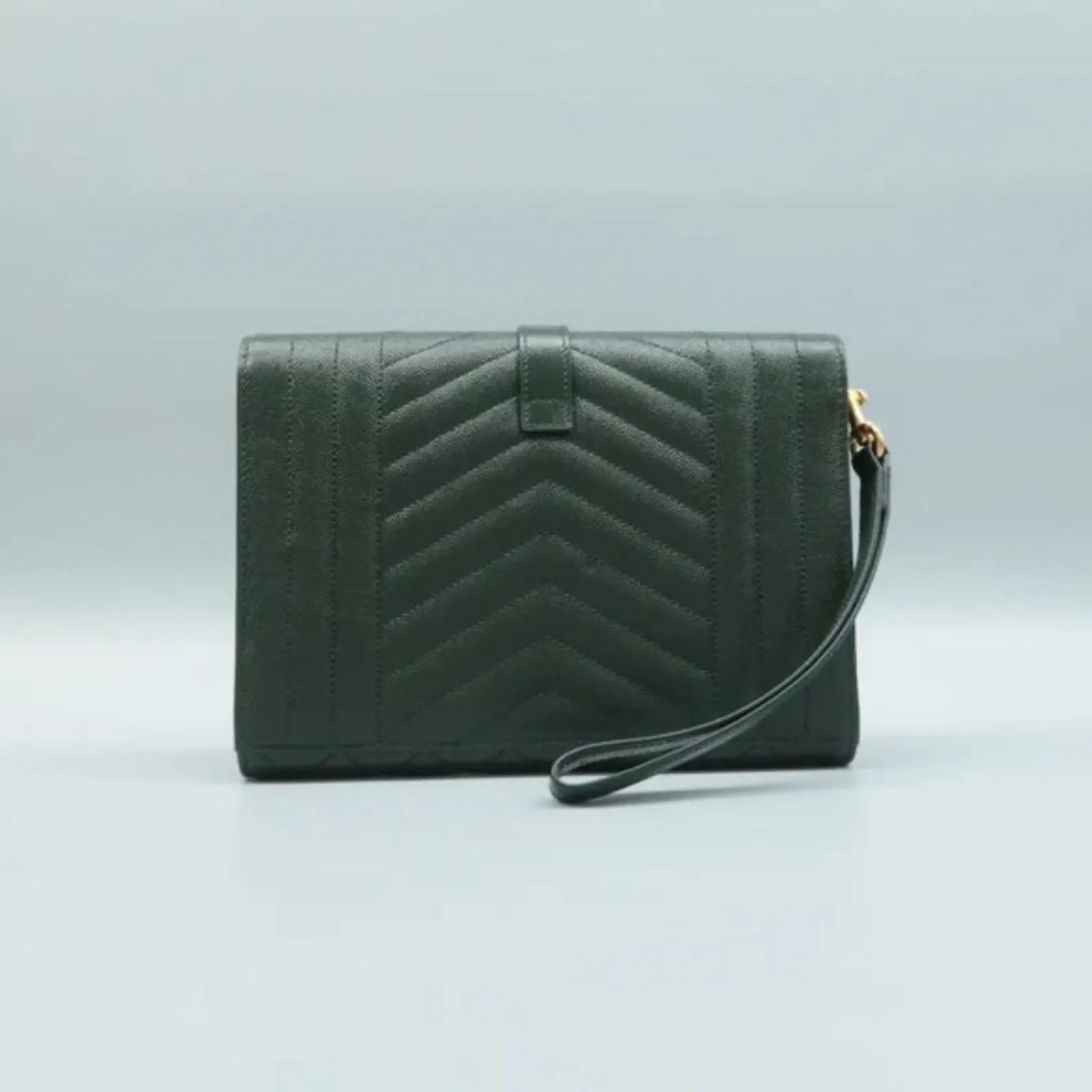 SAINT LAURENT Envelope Green Leather Clutch Bag
