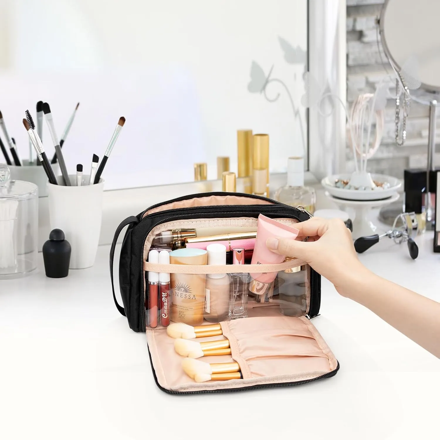 Small Travel Makeup Bag for Women and Girls (Oxford Cloth, Black)