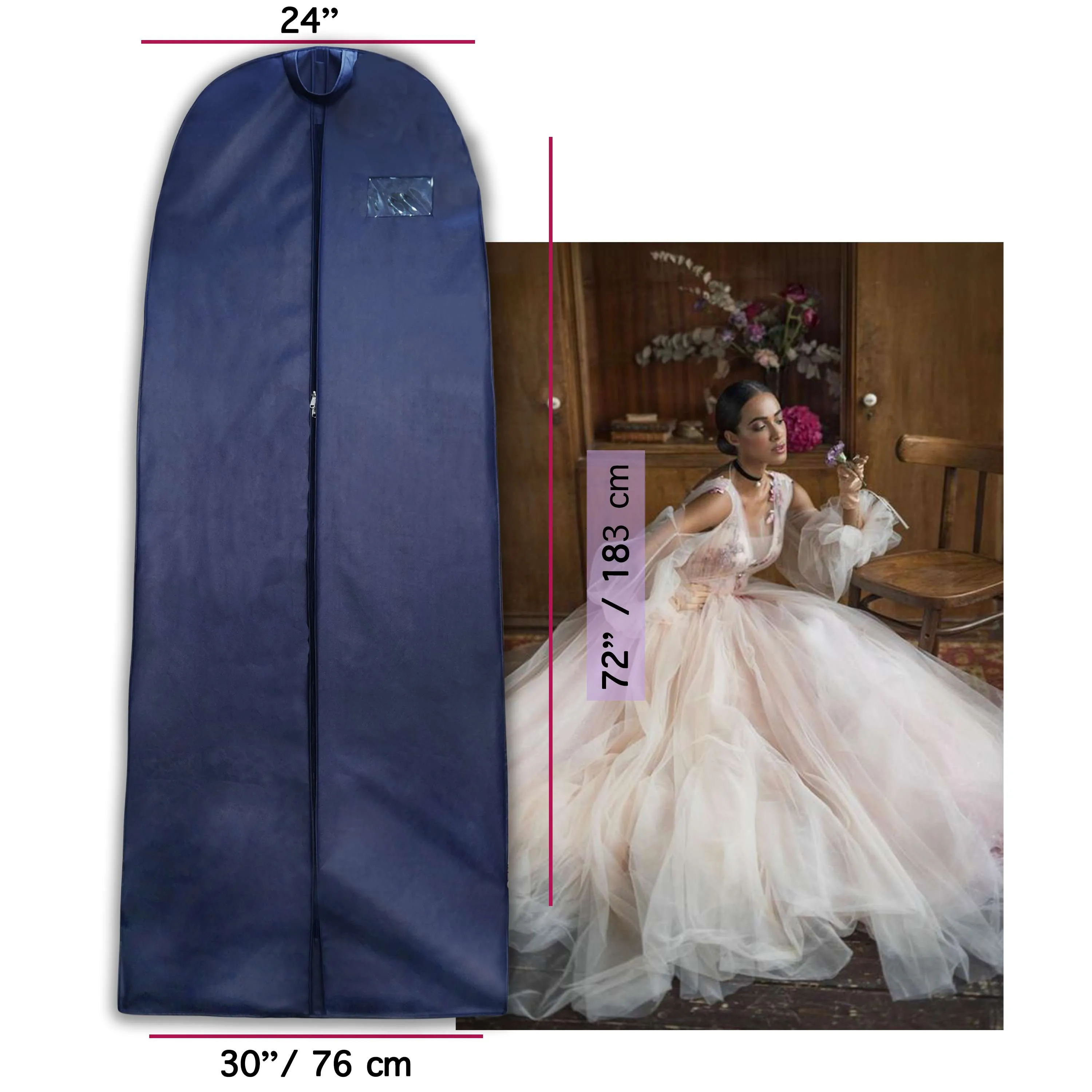 Wedding Lehenga Gown Long Dress Garment Cover Bags 72" with 8" Gusset - BLUE