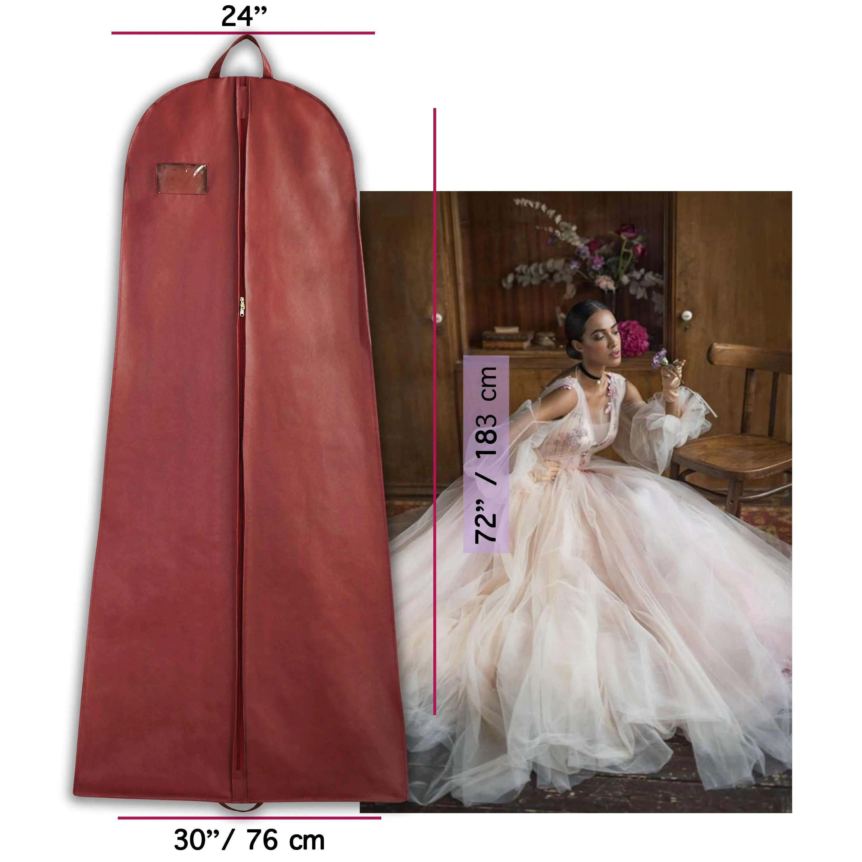 Wedding Lehenga Gown Long Dress Garment Cover Bags 72" with 8" Gusset - MAROON