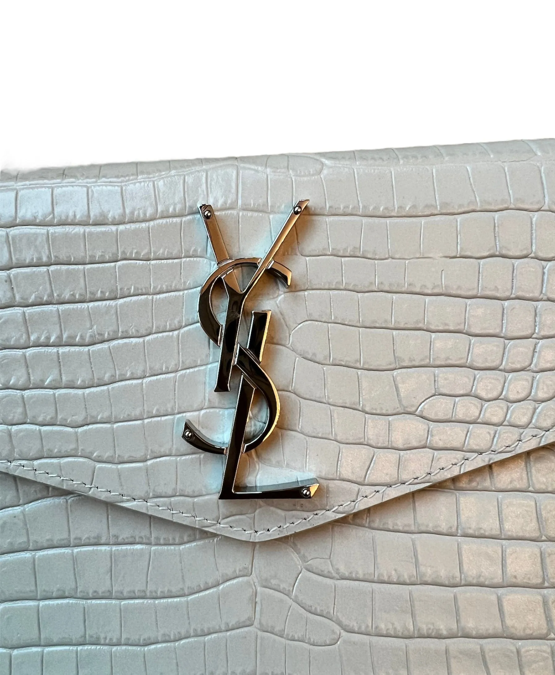 YSL Off-White Croc Embossed Envelope Clutch