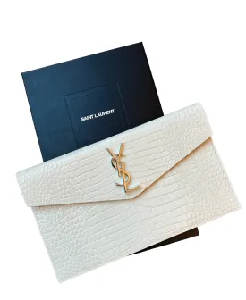 YSL Off-White Croc Embossed Envelope Clutch