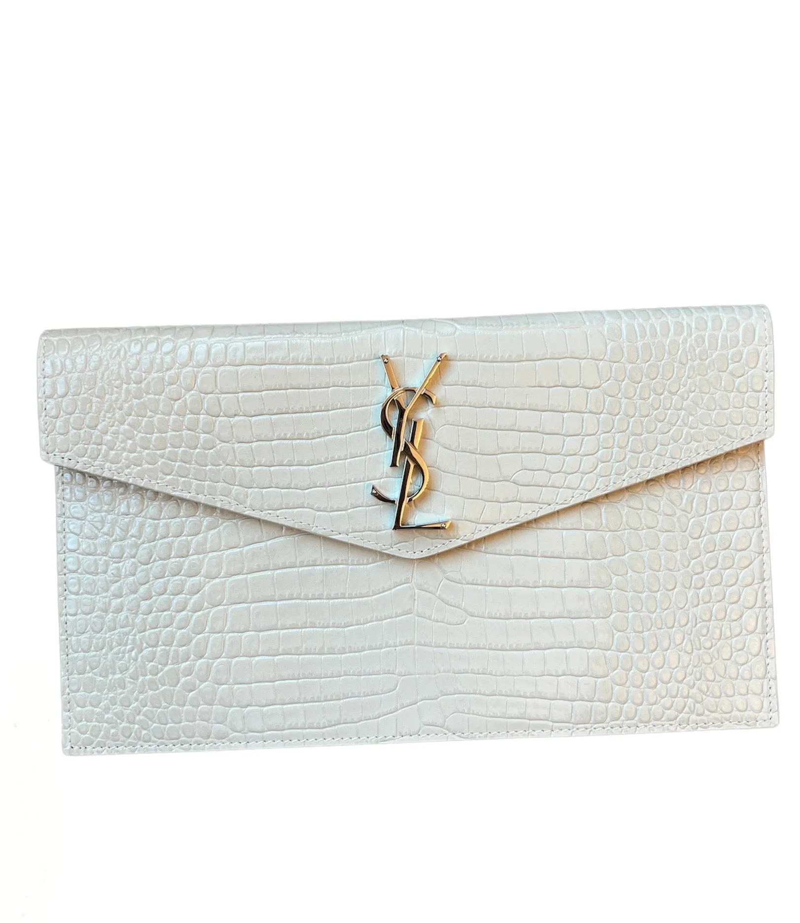 YSL Off-White Croc Embossed Envelope Clutch